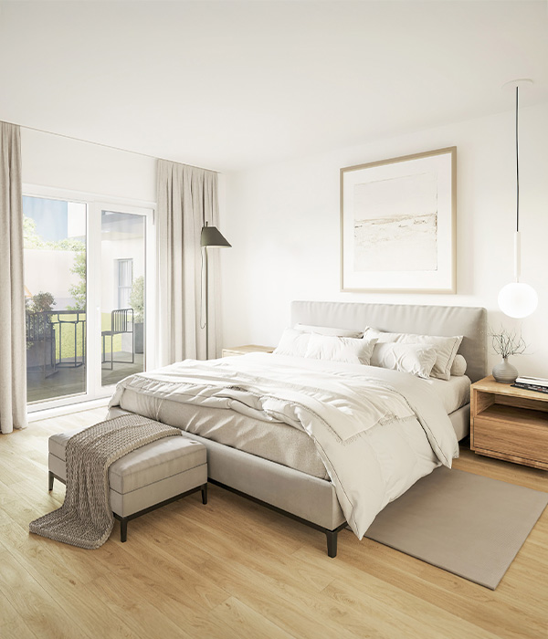 Modernes, helles Schlafzimmer mit bodentiefen Fenstern, Holzfußboden und neutralen Farben in einer Eigentumswohnung